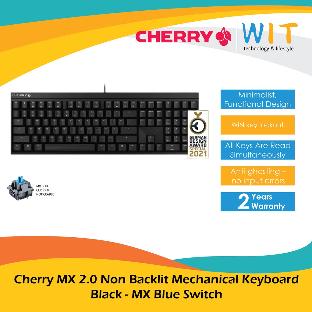 Cherry MX 2.0 Non Backlit Mechanical Keyboard - Black - MX Blue/MX Red/MX Brown/MX Silent Red