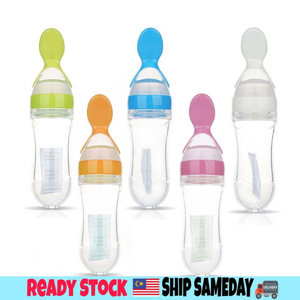Baby Food Bottle Feeding With Spoon Silicone Squeeze Feeder