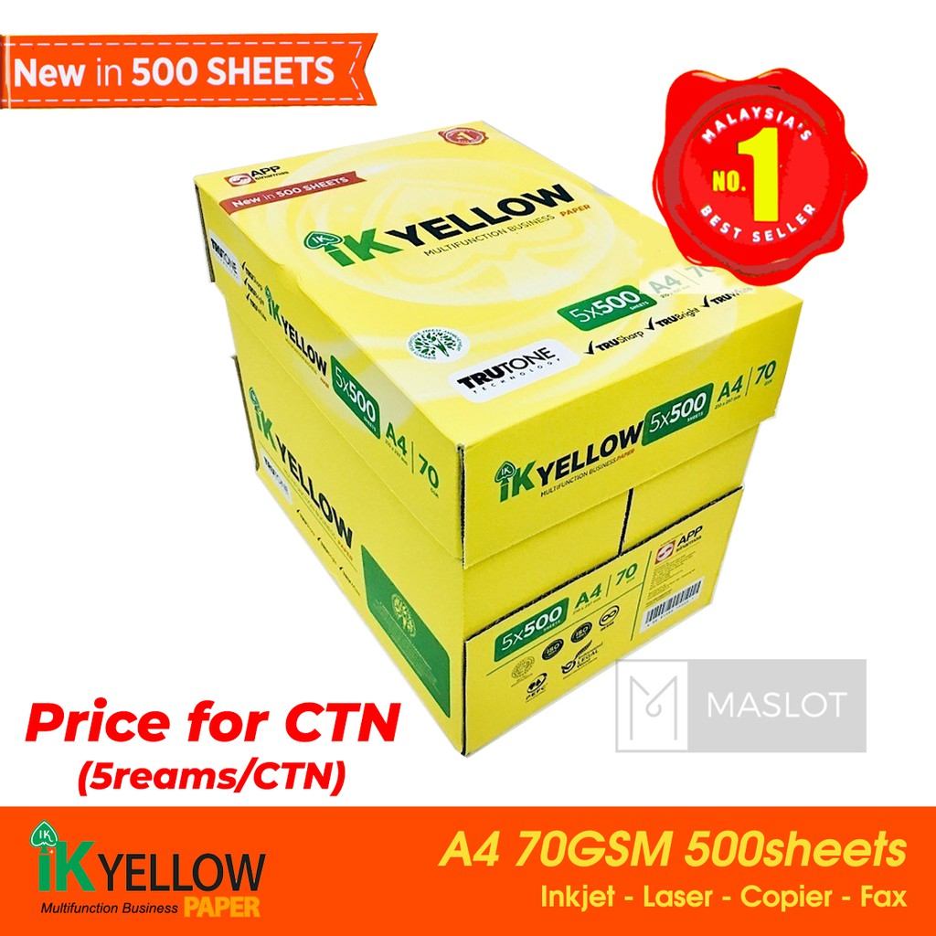 IK yellow A4 Paper 70gsm 500's (CTN Price) 5reams/CTN Shopee Malaysia