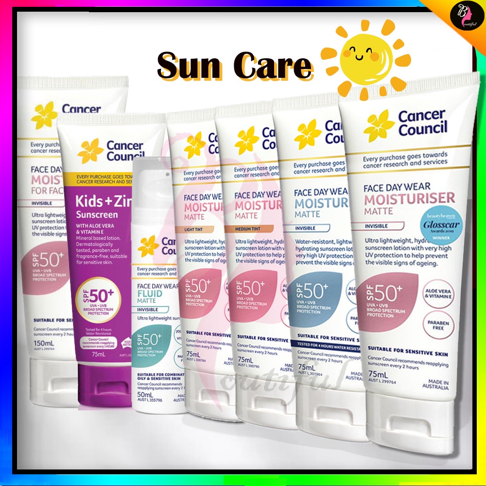 Cancer Council Sun Care Face Daywear Moisturiser SPF50/Kids + Zinc Sunscreen/ Invisible 4hr Water Resistant/ Face & Body