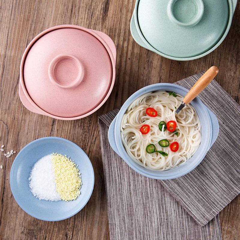 Japanese Style Noodles Bowl Wheat Straw Maggi Soup Rice Mangkuk Tableware with Cover Lid