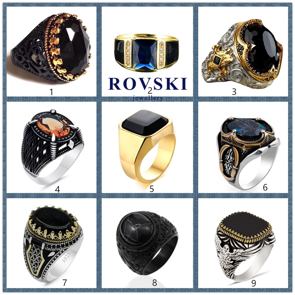 ROVSKI Fashion Korean Ready Stock Jewelry Cincin LelakiDomineering Black Ring Men's Simple Zircon Amber Black Gem Ruby All-match Punk Style