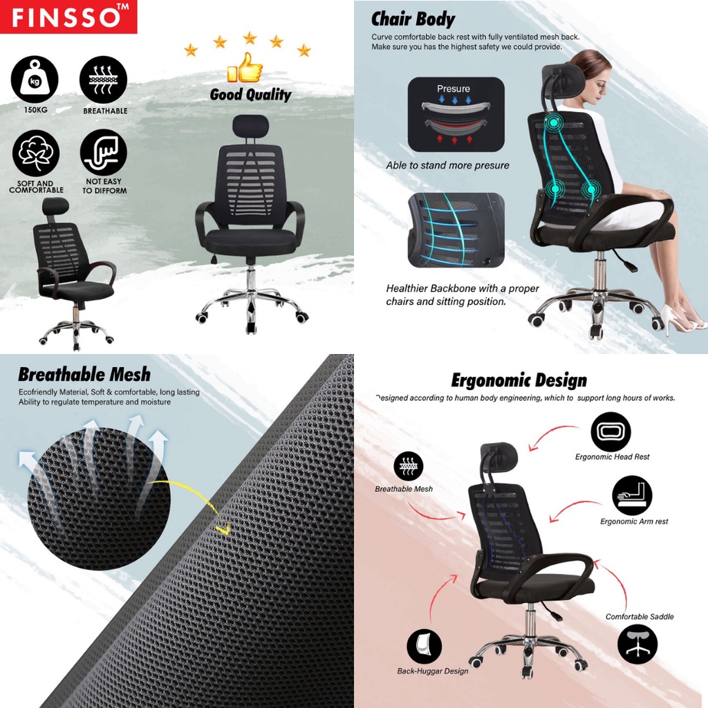 [READY STOCK] FINSSO: Adjustable Swivel Med - Back Mesh 4005 Office Chair with Chrome Leg (LIMITED UNIT)