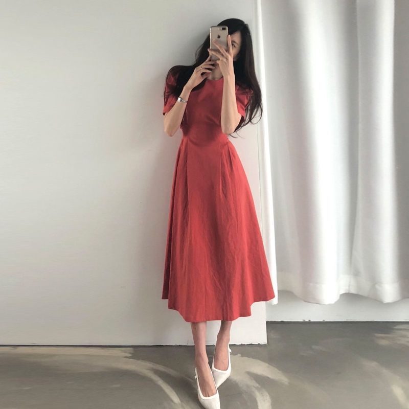 Korean Simple Style Summer Women Puff Sleeve One-piece Wrap 