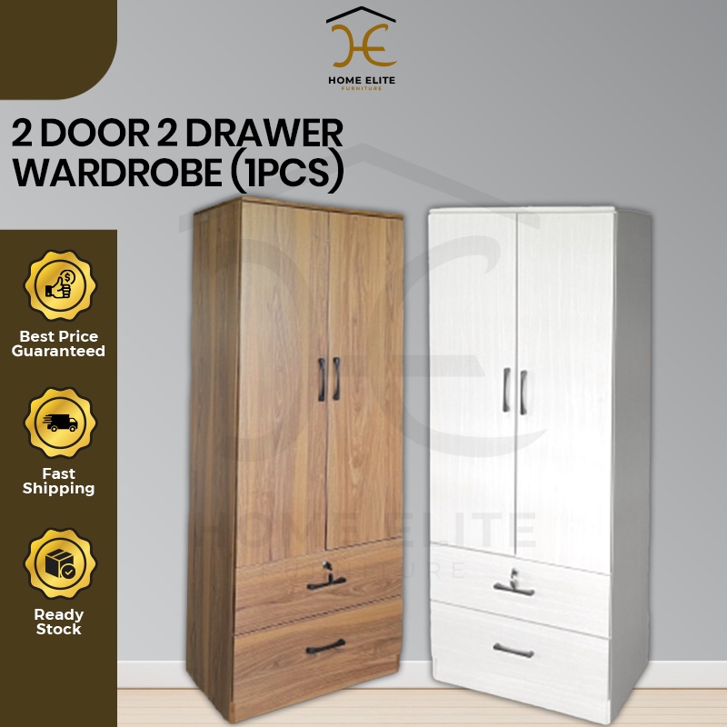 [Siap Pasang] Home Elite 2 Door Wardrobe With 2 Drawer Solid Board