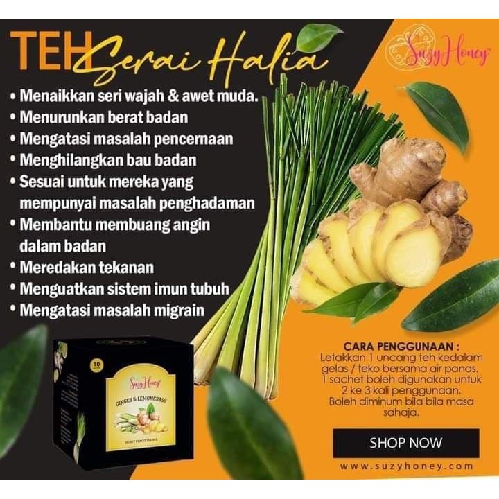 Teh Herba Serai Halia Suzyhoney Buang Angin Pencernaan Turunkan Berat Badan Serta Maigrain Malaysia