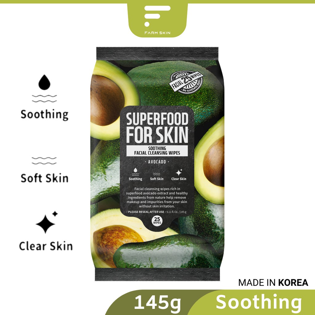 FARMSKIN SUPERFOOD Avocado Facial Cleansing Wipes - Soothing (25's)