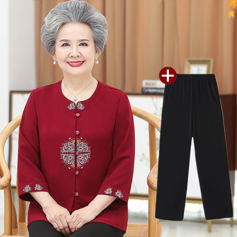 The elderly ladies summer grandma suit tops 70 old man old lady shirt 6080 mother of spring clothing中老年人夏装女奶奶套装妈妈春装老太太衬衫上衣70老人衣服60809.23