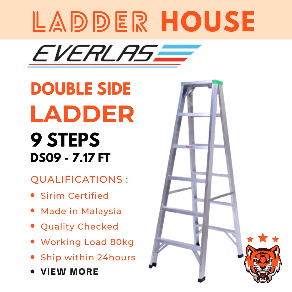 [LADDER HOUSE] EVERLAS Aluminium Double Sided Ladder 9 Steps (DS09
