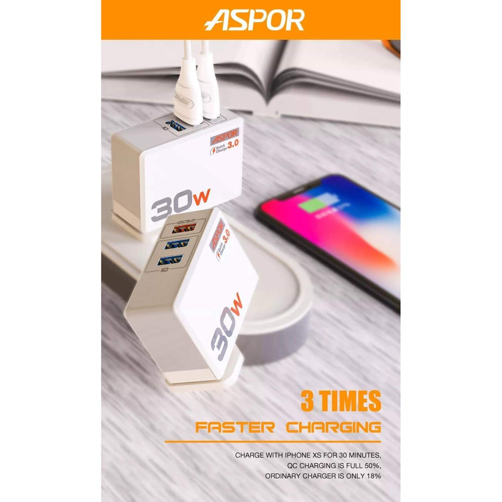 Aspor A858Q 30W 3 Tri USB port QC 3.0 Quick Fast Charger | Shopee Malaysia