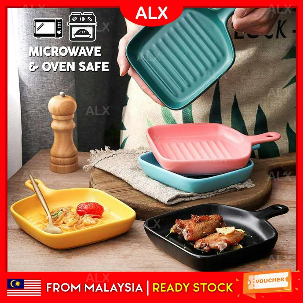 ALX Nordic Ins Style Ceramic Plate With Handle Baking Pan Breakfast Pizza Pasta Plate Microwave Oven Safe Pinggang Canti