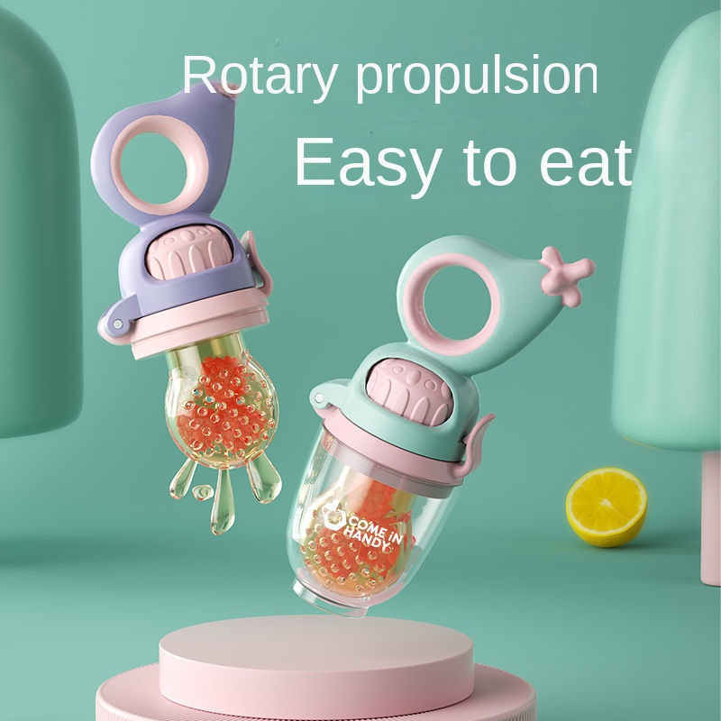 Baby bites bags of fruits and vegetables, eats fruit Lok, food aids