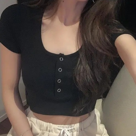 【WJZ】Women's Korean style high waist knitted short sleeve crop top【326】