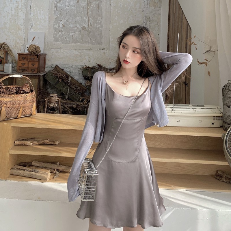 satin dress with cardigan