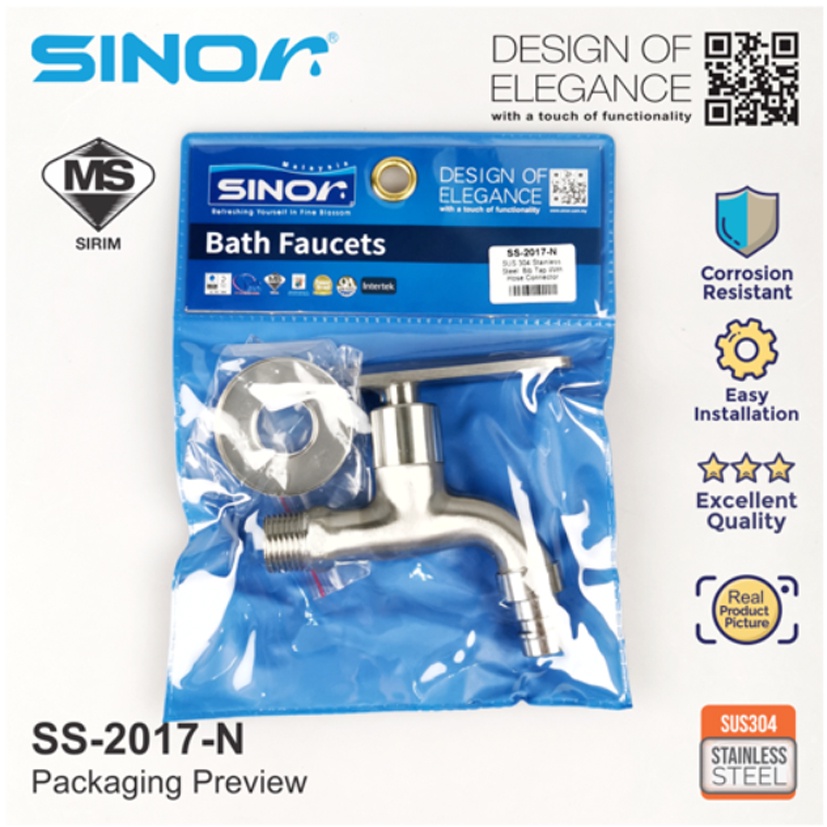 Sinor SUS304 Stainless Steel Heavy Duty Wall Bib Tap With Hose