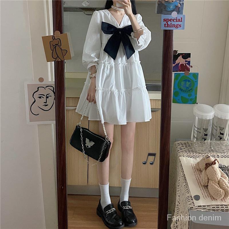 French Style Bow Fairy Dress 21new Age Reducing White Cute Princess Skirt Puff Sleeve Dress Shopee Malaysia