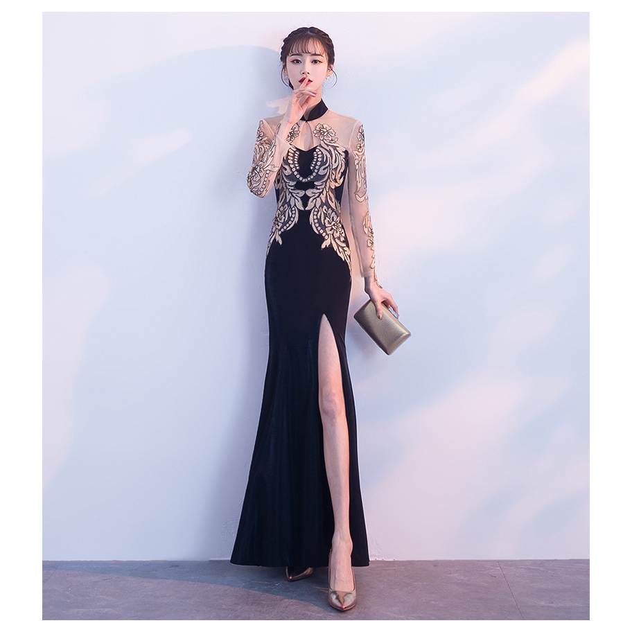 Elegant Chinese Evening Dress Stand Collar Perspective Sleeve Thin