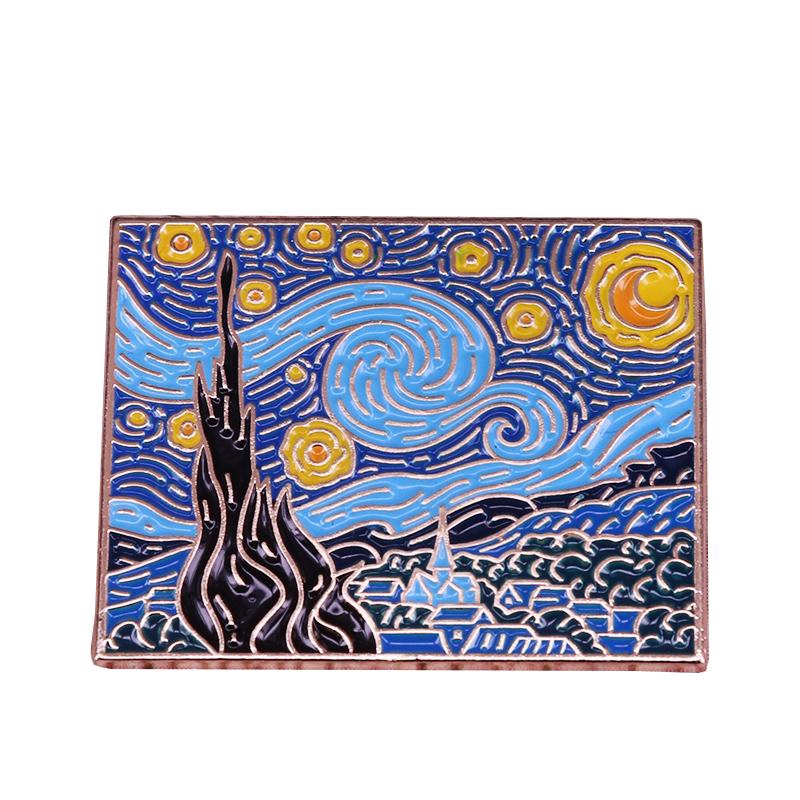 Starry night lapel pin Vincent Van Gogh painting art brooch landscape