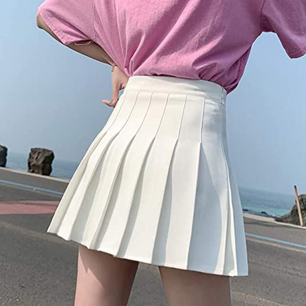 Tremour Womens Japan High Waisted Pleated Cosplay Costumes Skirts Solid Mini Skirt 