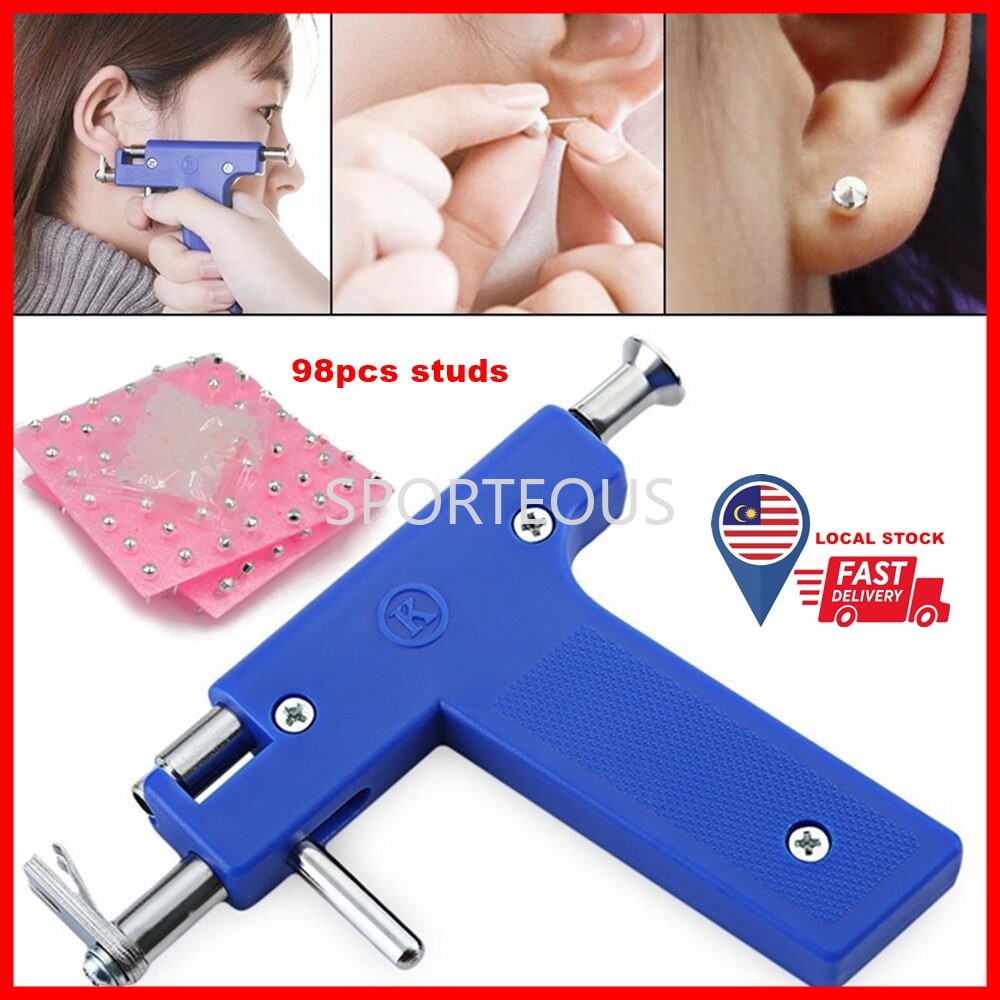 (READY STOCK)Safe Ear Nose Body Navel Piercing Gun Tool Kit Set 98pcs Stainless Steel Ear Studs & Plugs Punch Hole