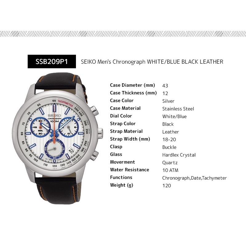 Seiko Men's Chronograph White Dial Black Leather Watch SSB209P1 (Black) |  Shopee Malaysia