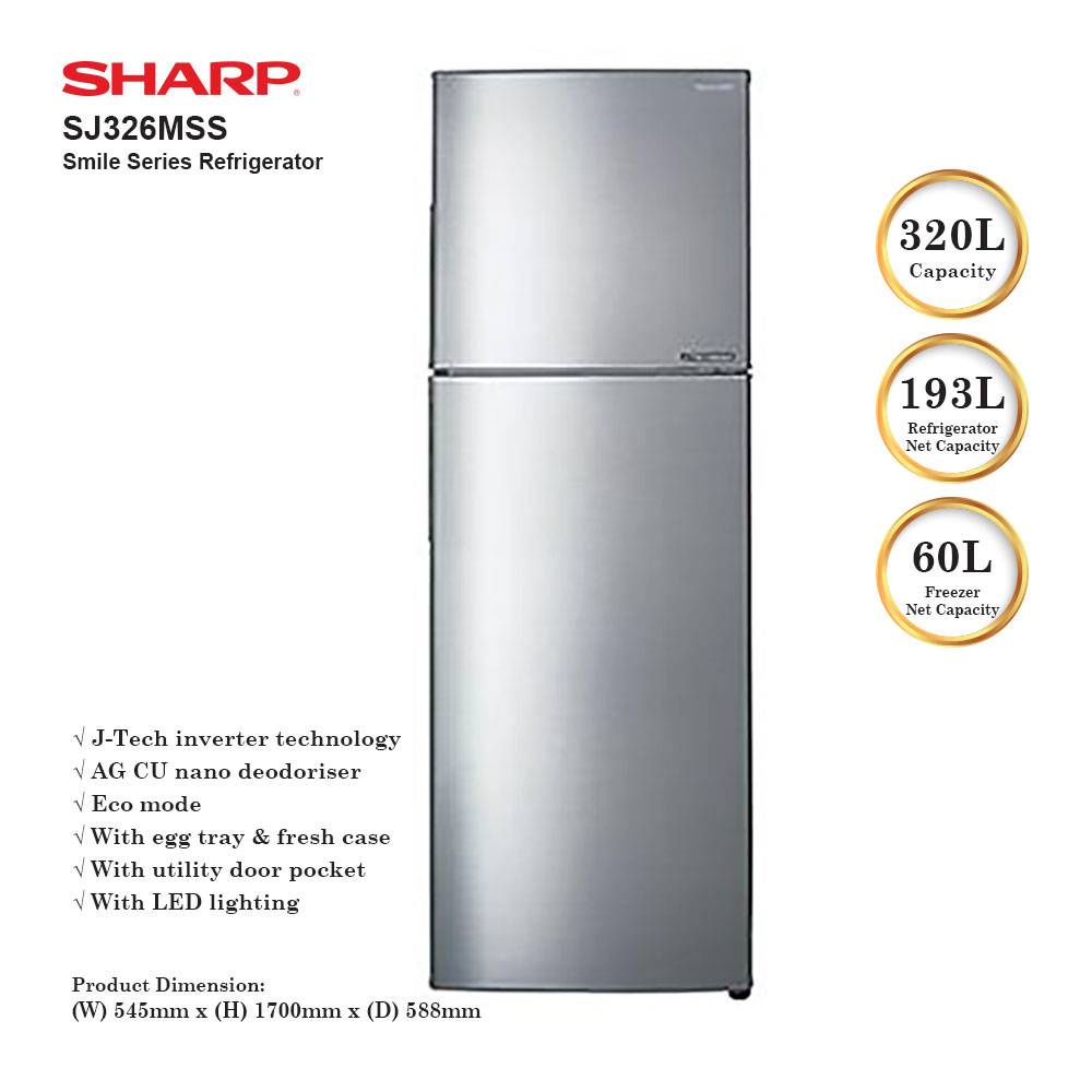 Sharp SJ326MSS 320L Inverter 2-Door Refrigerator Fridge Peti Ais ...