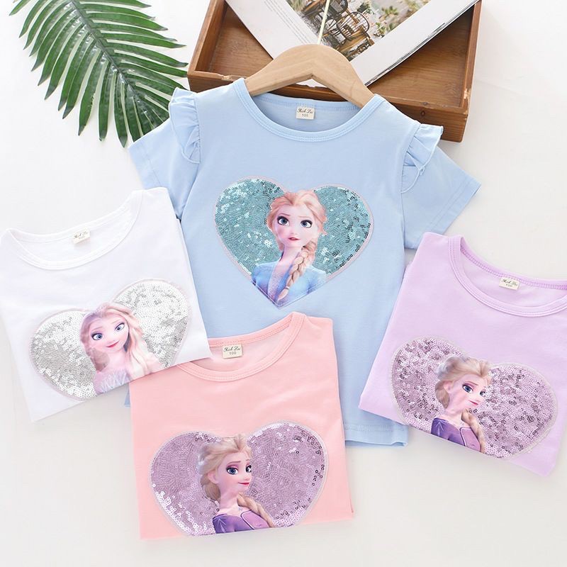 Ready Stock Frozen Elsa Girls Kids Short Sleeve Sequins Shirt Girls ...