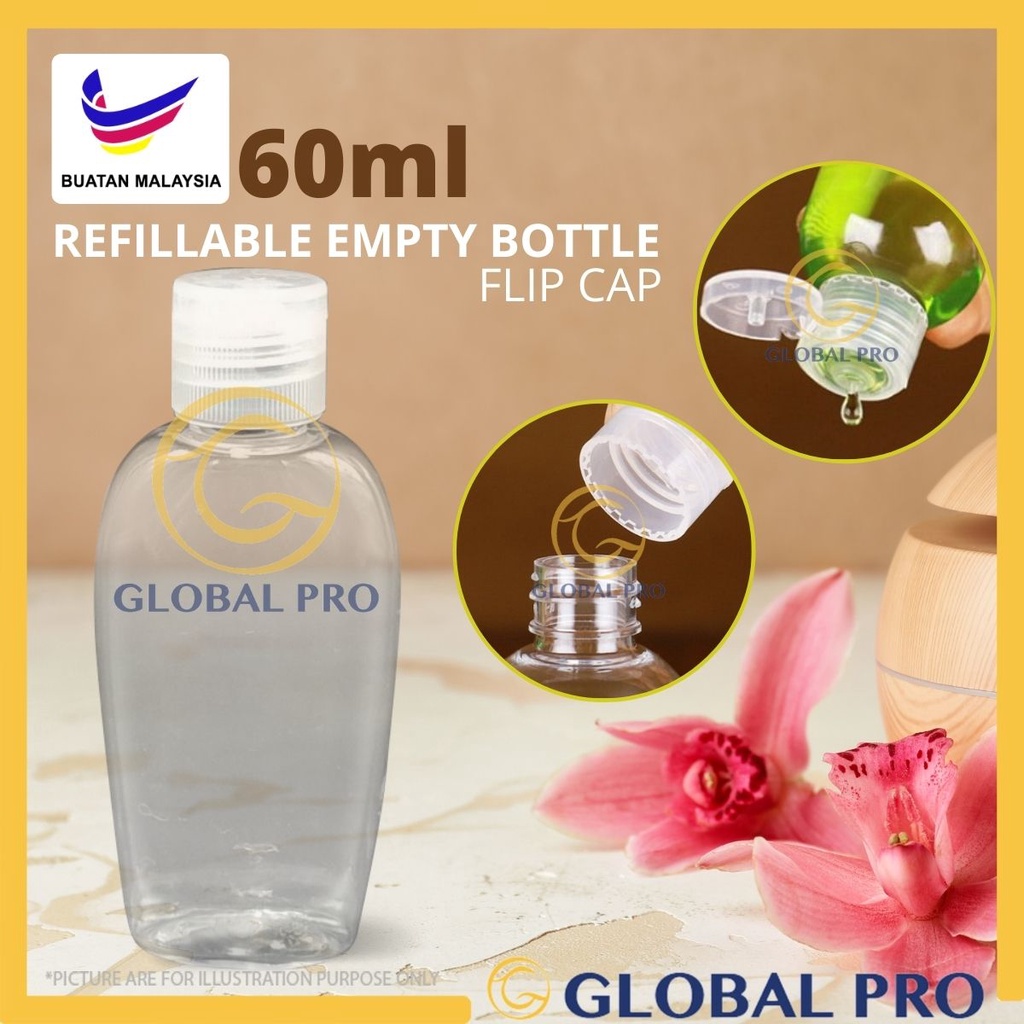 (Buatan Malaysia) 60ML Flip Cap Refillable Empty Transparent Bottle Plastic Shampoo Bottles Empty Vail Travel Lotion