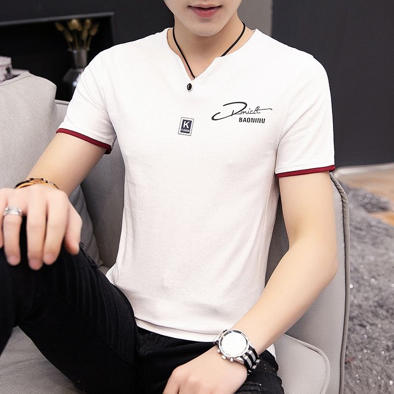 T-Shirt Kapas Lengan Pendek Lelaki S 2021 Musim Panas Baharu V-Neck Bercetak Pelajar Atasan Bergaya Separuh Lengan Putih/*#Cotton Short-Sleeved T-Shirt Men S 2021 Summer New V-Neck Printed Student Whi