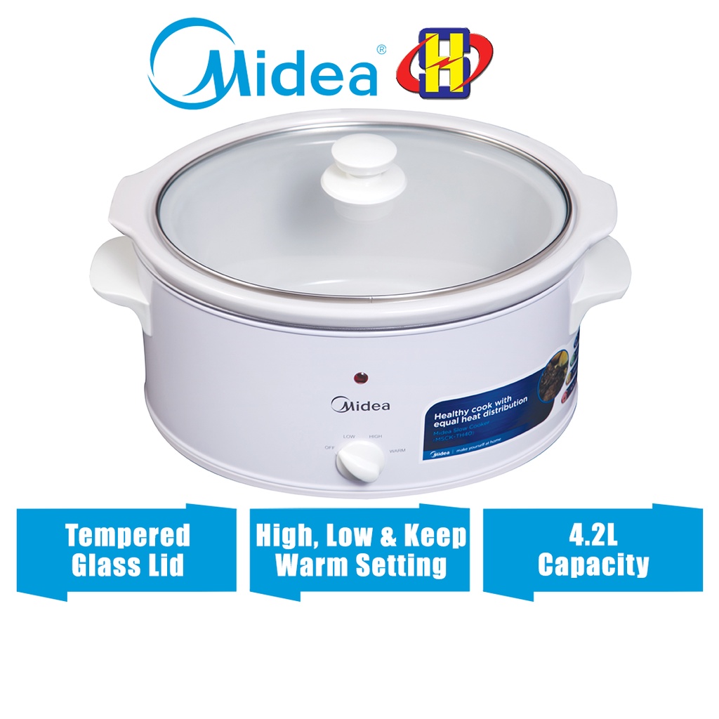 Midea Slow Cooker (4.2L) 3-Heat Setting Tempered Glass Lids Oval Searing Pan Slow Cooker MSCK-TH40