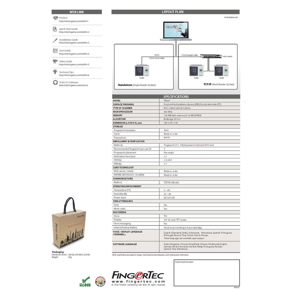 FingerTec TA500 Biometric Fingerprint Thumbprint Time Attendance Machine Fingerprint