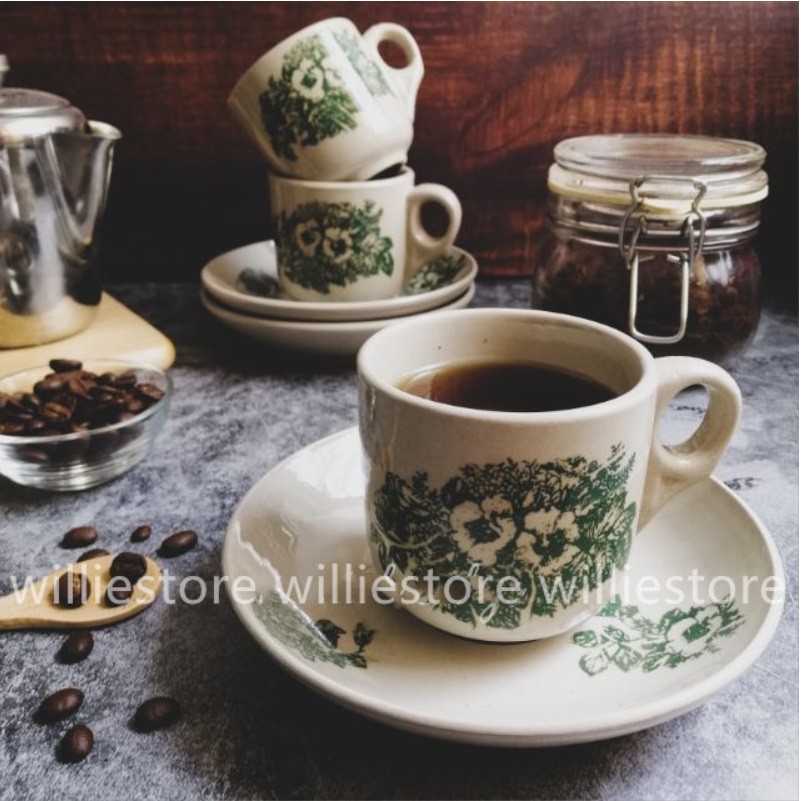 Porcelain Vintage Kopitiam Cup/Traditional Retro Chinese Floral Green Flower Kopi Cup and Saucer/Ceramic Cawan Kopitiam