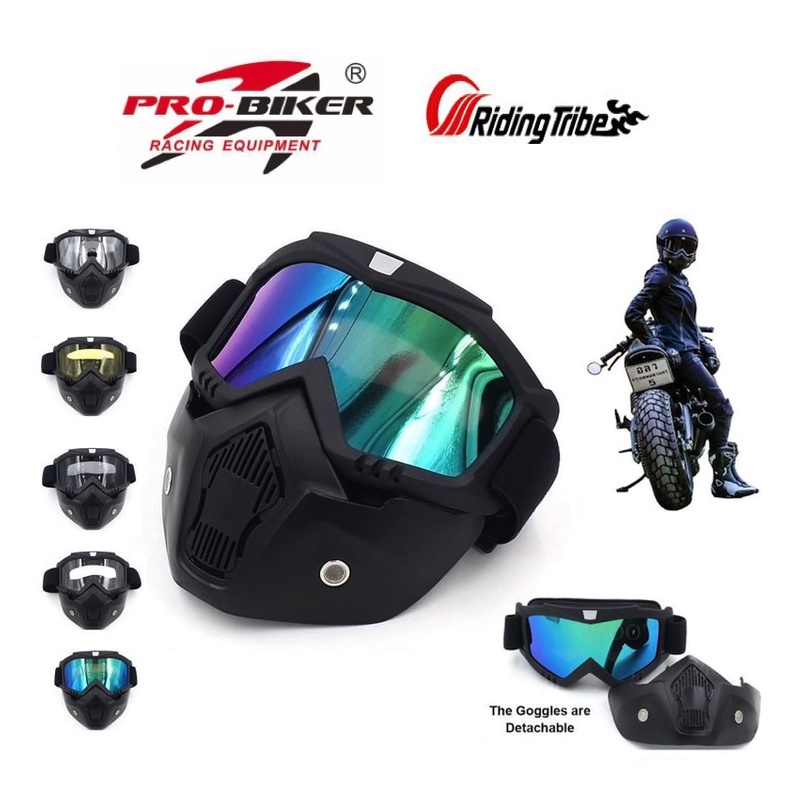 ProBiker Detachable Uni Mask with Motorcycle Goggles and Mouth Filter Face Masks Protect Padding Helmet Bike Sunglasses