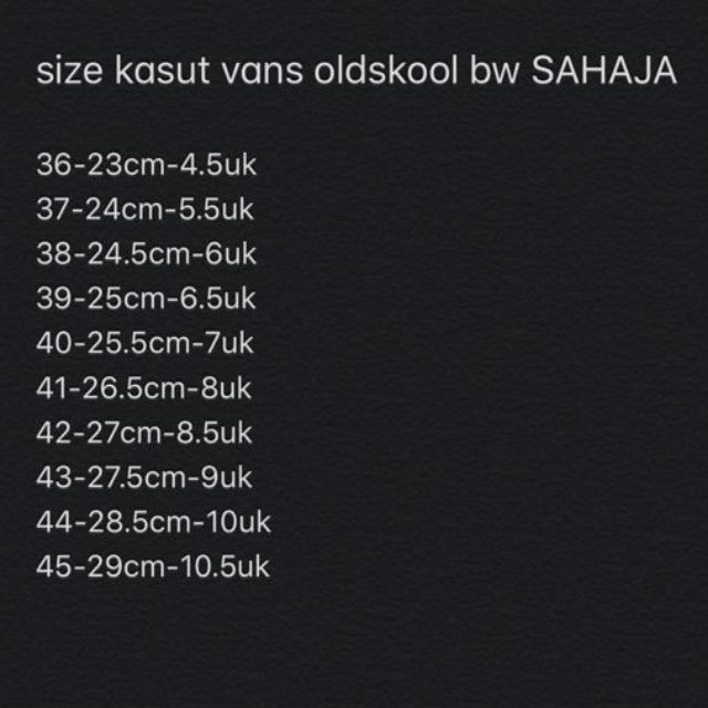 size kasut vans