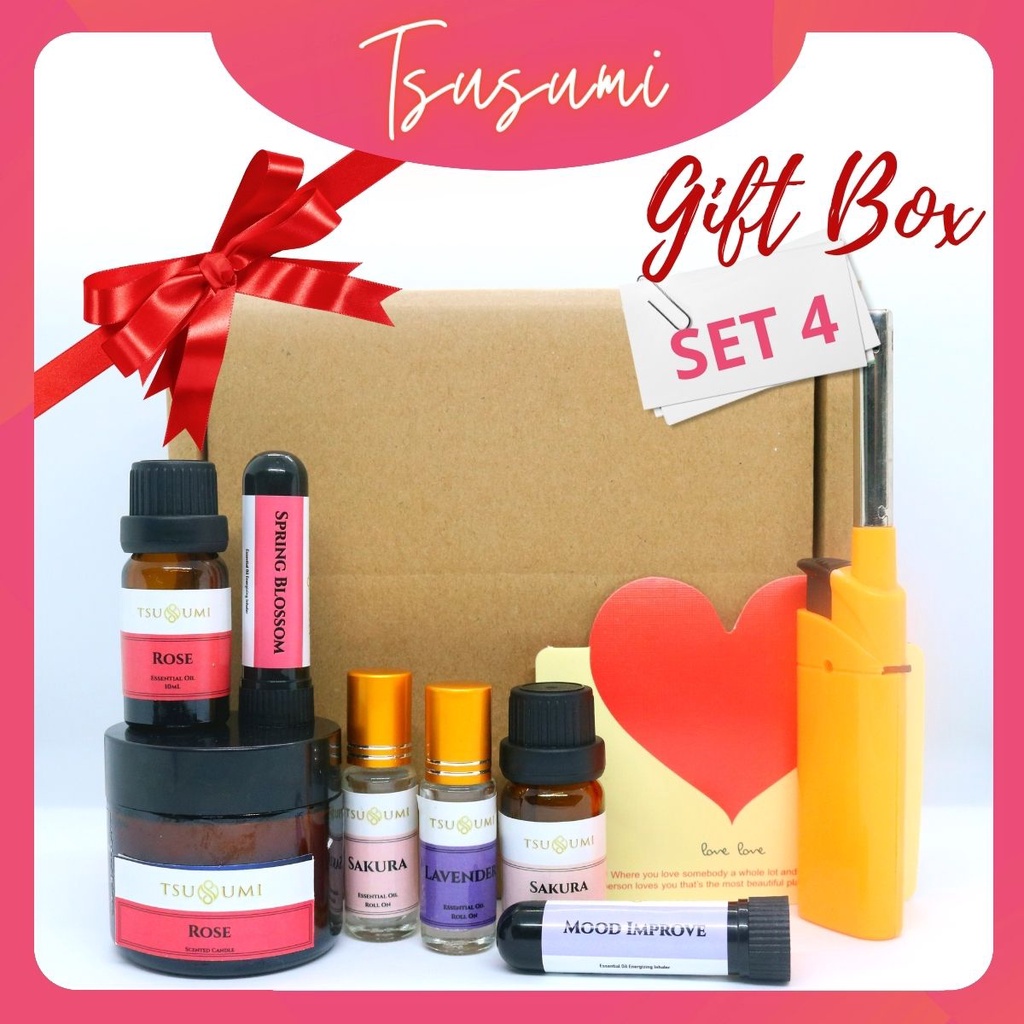 [Gift Box Set 4] Essential Oil Scented Candle Roll On Inhaler Lighter Wish Card Box Hadiah 礼物 礼盒