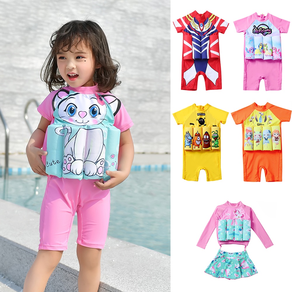 1-9Yrs Baju Swimming Suit Kids floating renang kanak-kanak Kids Boys Girls Baju Jaket Keselamatan High Quality Professional Life Jacket One Piece Swimwear Foam Float Vest Water Beach Safety Gear Floats Back Zipper