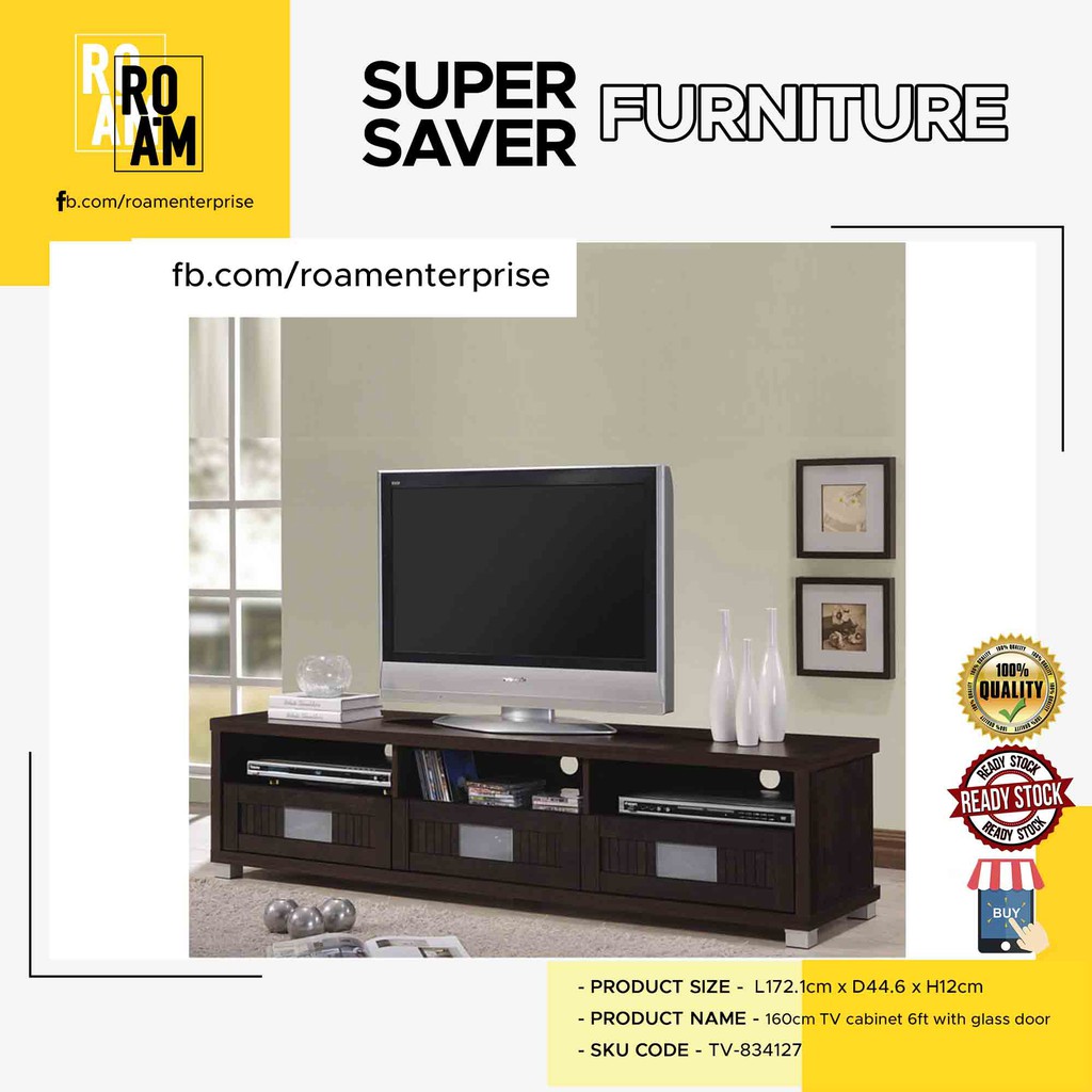 HUDA 160cm TV cabinet 6ft with glass door Wenge color tv perabot television furniture murah high class dark color