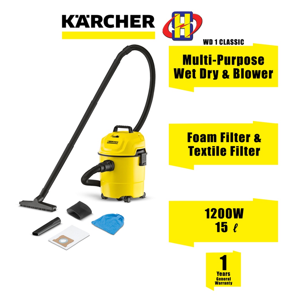 Karcher Vacuum Cleaner (1200W/15L) 180Air watts Multi Purpose Wet And Dry Vacuum WD 1 CLASSIC