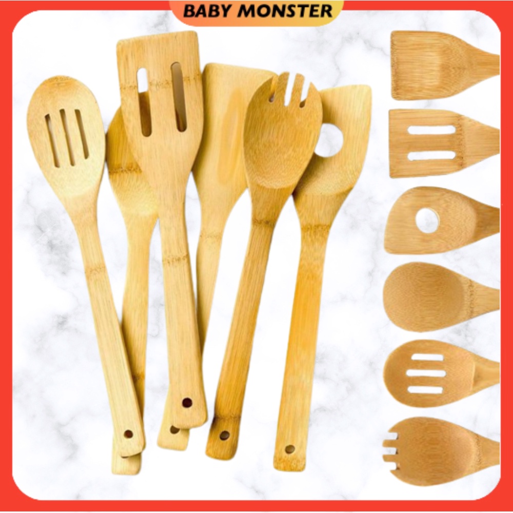 HARGA BORONG 6pcs Bamboo Kitchen Utensil Set Wooden Cooking Tool Spoon Spatula Mixing Set Cooking Set Kitchenware