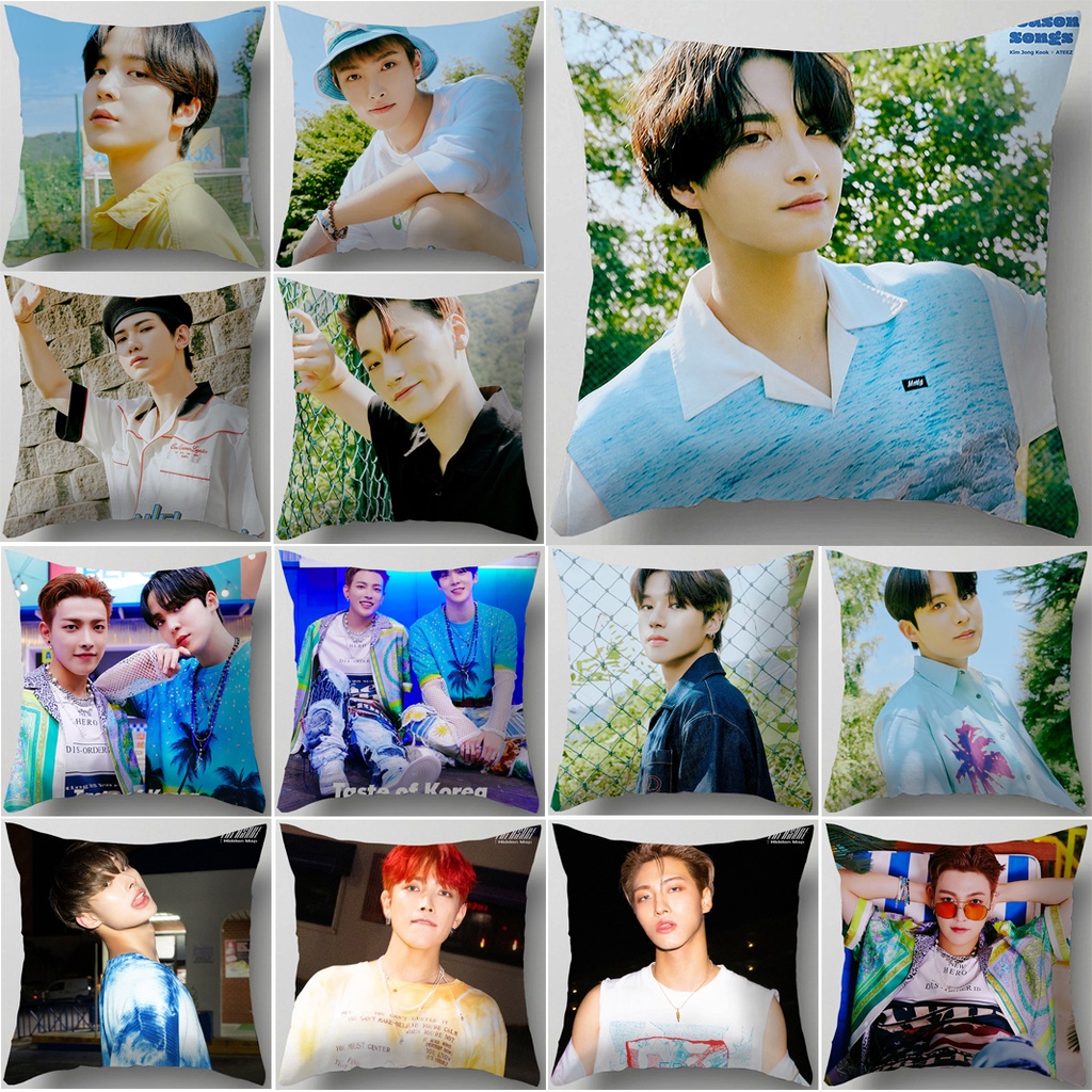 Popular Korean Fashion Boy Band ATEEZ Kim Jong Kook X ATEEZ Single Side Printed Polyester Pillow Cover Sofa Car Cushion Cover Office Home Decorative Pillow Case (No Pillow Core)