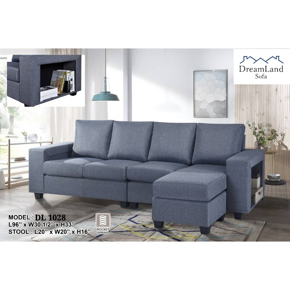 DREAMLAND SOFA DL 1028 4 SEATER SOFA WITH BUILT IN BOOKCASE ARMRESTS + STOOL (BLUE/GREY COLOR