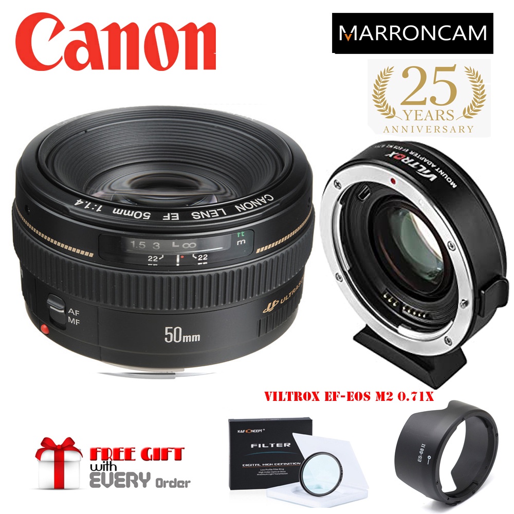 Canon EF 50mm f/1.4 USM Lens with EF-M M2 Adapter combo (DESIGNED FOR M SERIES)