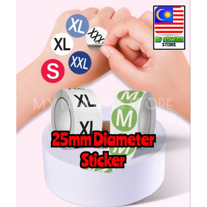 25mm Round Diameter Sticker For Label Size Sizing [XS] [S] [M] [L] [XL] [XXL] [XXXL] - Cloth , Shirt , Garment