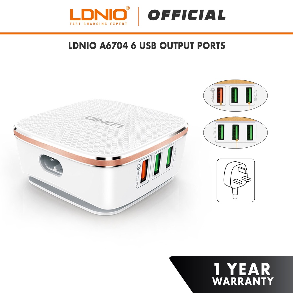LDNIO A6704 6 USB Output Auto ID USB Charger with Quick Charge 2.0 Technology (7A)