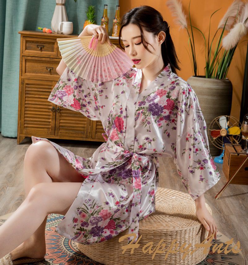 Women's imitation silk short floral robe Thin sleepwear bathrobe Sexy & sweet Slim cardigan night-robe Nightgown Home wear woman