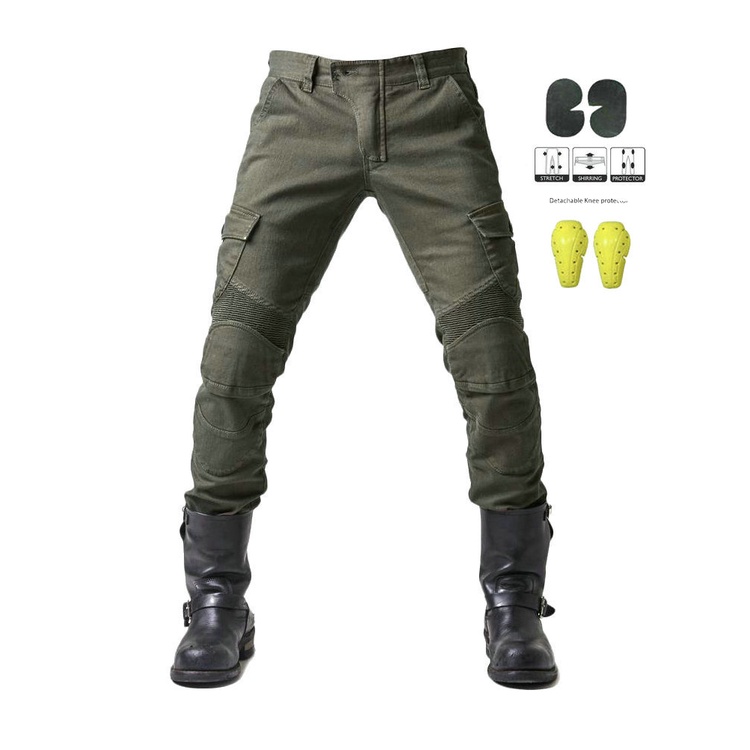 Seluar Menunggang Tulen Peralatan Penunggang Anti-Kejatuhan Motosikal Lelaki Denim Regangan Perlumbaan Hijau Tentera/Genuine Riding Pants Men's Motorcycle Anti-Fall Rider Equipment Stretch Denim Army Green Racing