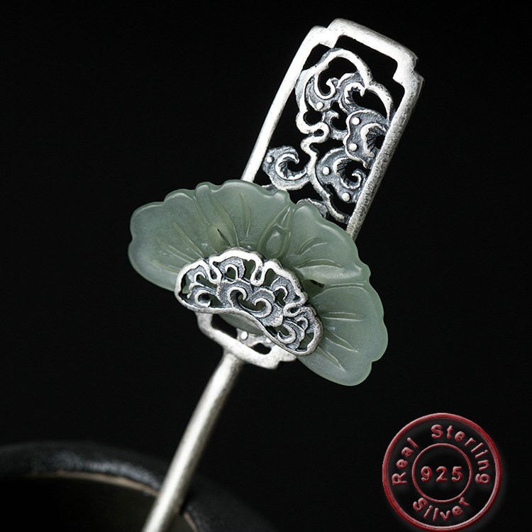 Natural Jade Hair Sticks Vintage Hairpins 925 Sterling Silver Hair