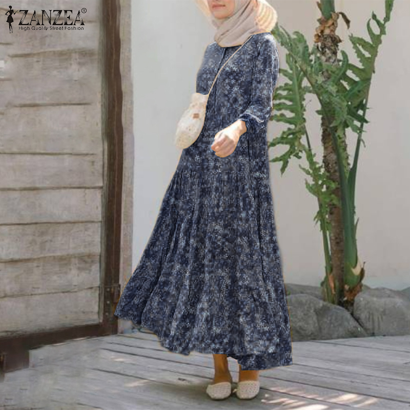 ZANZEA Women Casual Long Sleeve Printed Tiered Muslim Long Dress #7