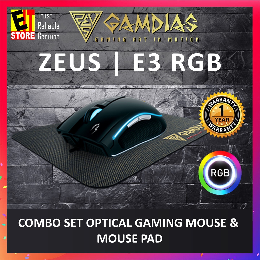 GAMDIAS ZEUS E3 RGB COMBO SET OPTICAL GAMING MOUSE & MOUSE PAD | Shopee