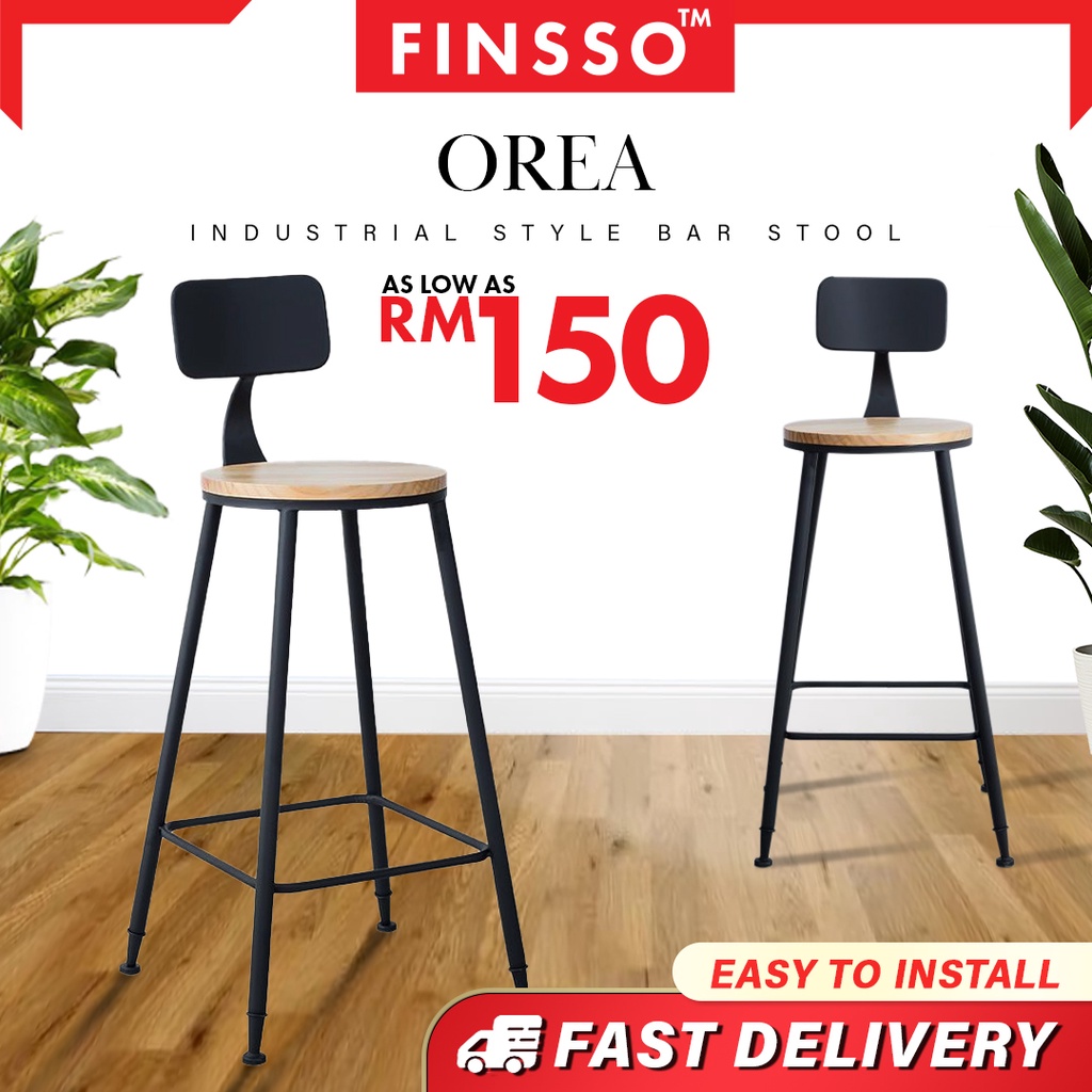 FINSSO : Orea Bar Stool High Foot Round Bar Stool With Backrest